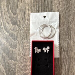 Silver Hoop Earrings and Bow Studs Set